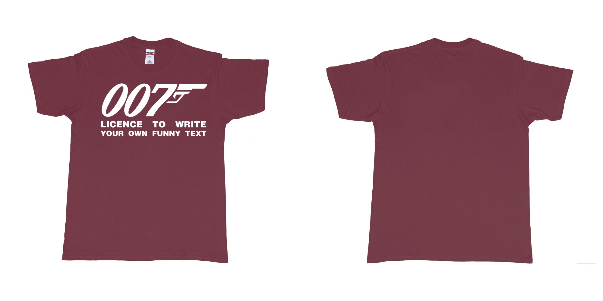 Custom tshirt design james bond logo licence to write own custom text print in fabric color marron choice your own text made in Bali by The Pirate Way