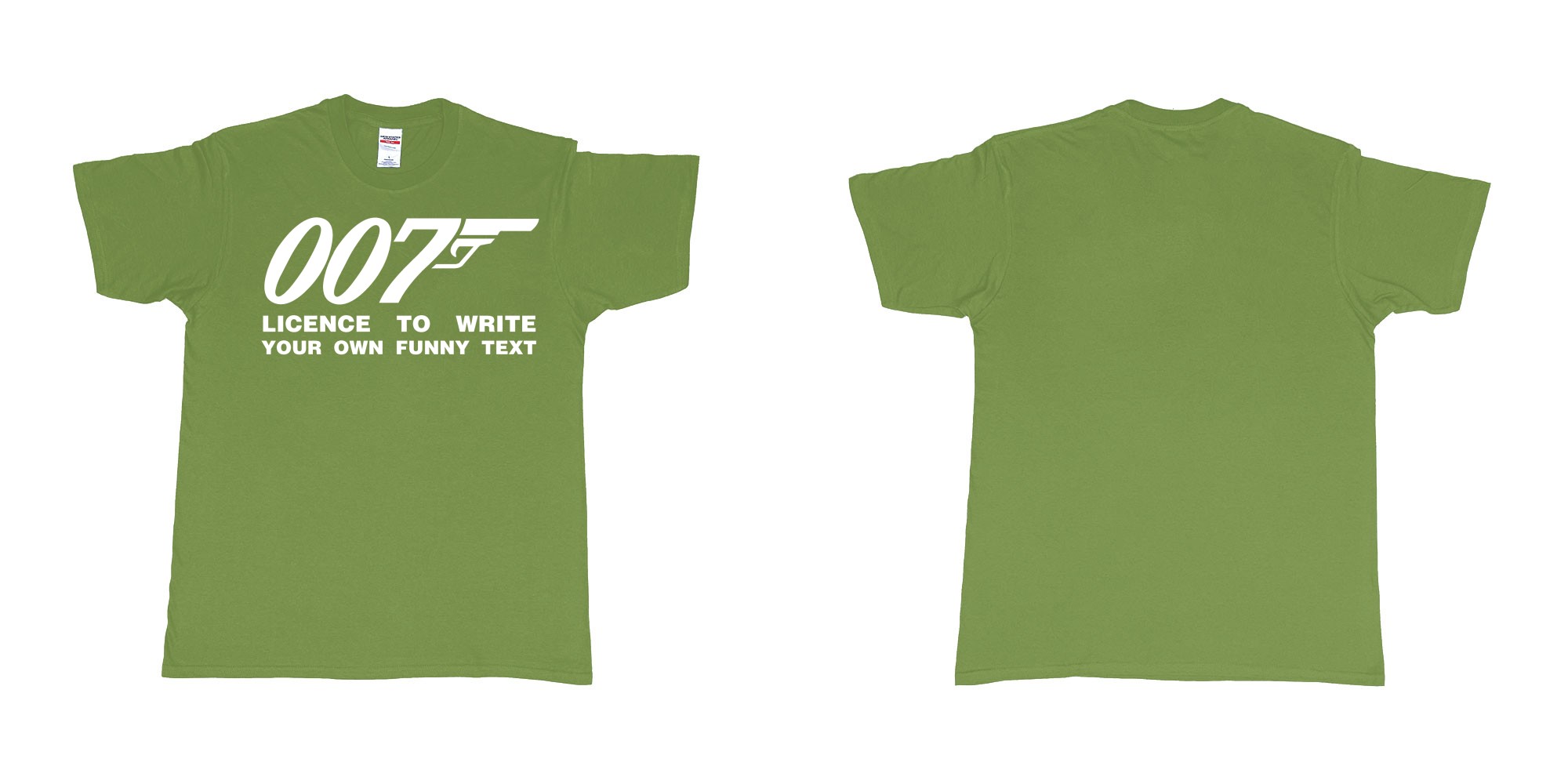 Custom tshirt design james bond logo licence to write own custom text print in fabric color military-green choice your own text made in Bali by The Pirate Way