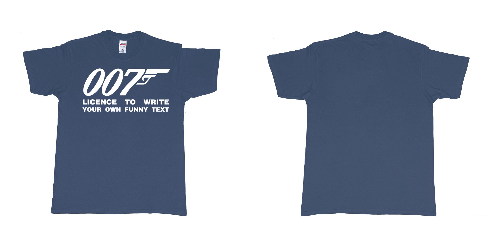 Custom tshirt design james bond logo licence to write own custom text print in fabric color navy choice your own text made in Bali by The Pirate Way