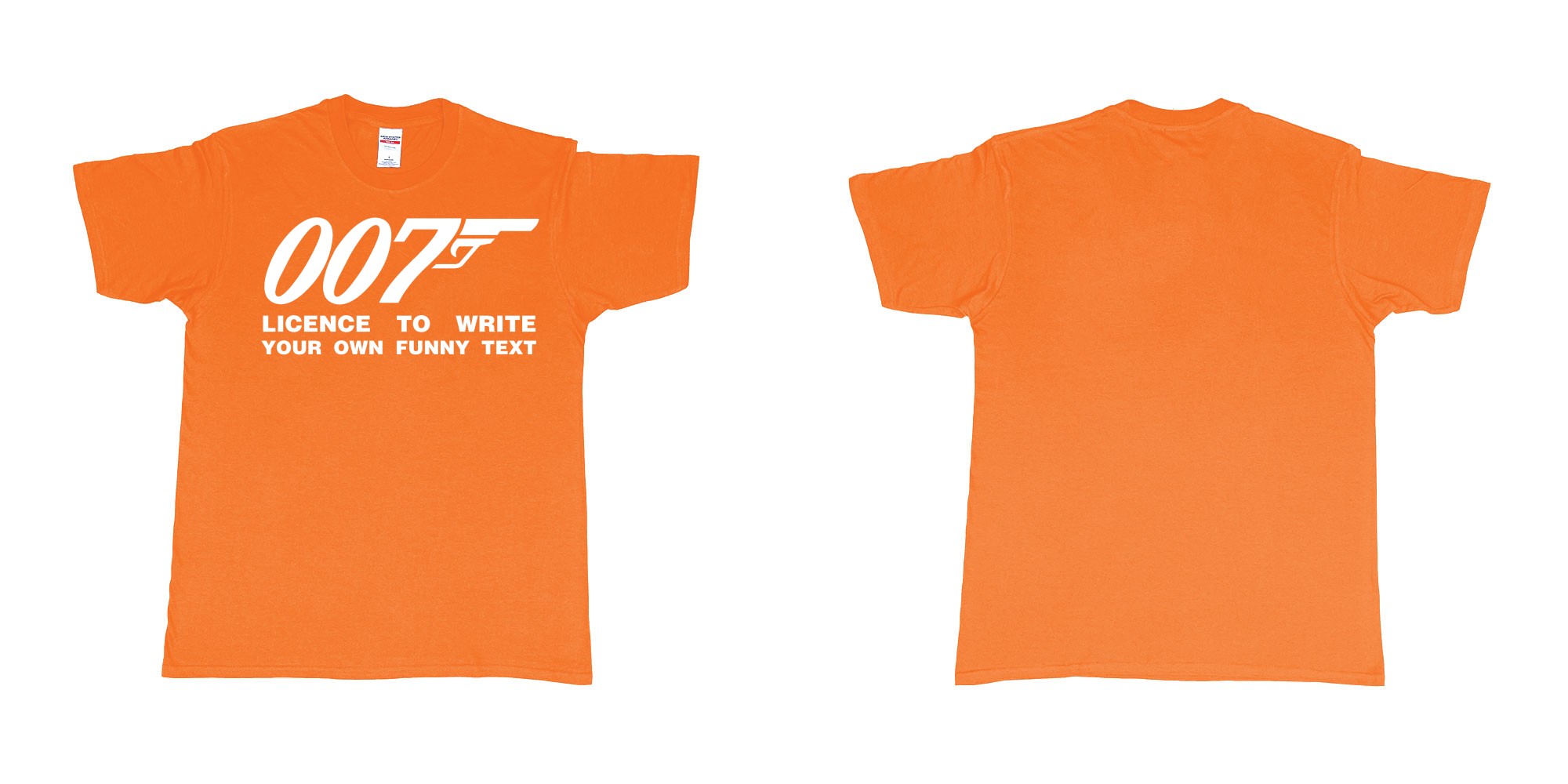 Custom tshirt design james bond logo licence to write own custom text print in fabric color orange choice your own text made in Bali by The Pirate Way