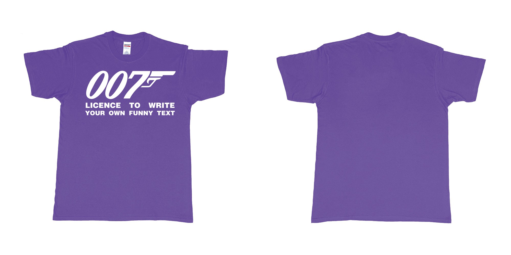 Custom tshirt design james bond logo licence to write own custom text print in fabric color purple choice your own text made in Bali by The Pirate Way