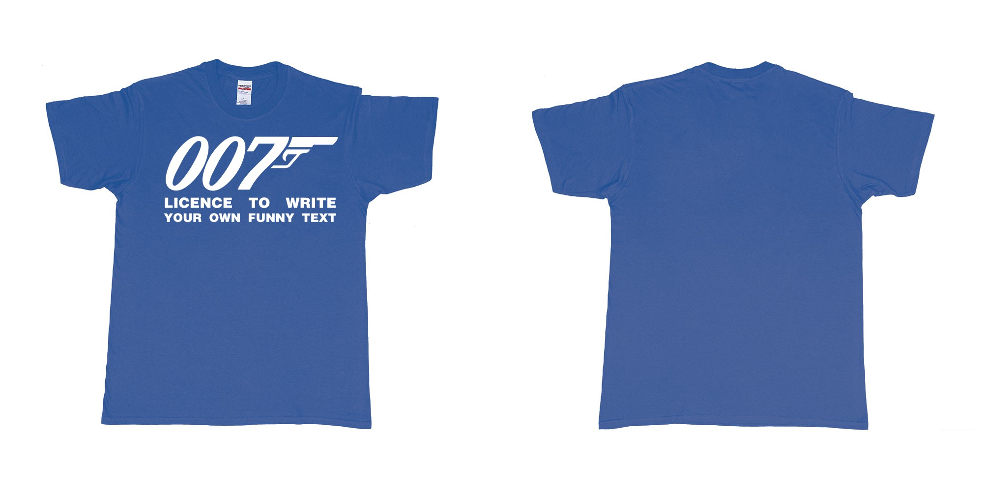 Custom tshirt design james bond logo licence to write own custom text print in fabric color royal-blue choice your own text made in Bali by The Pirate Way