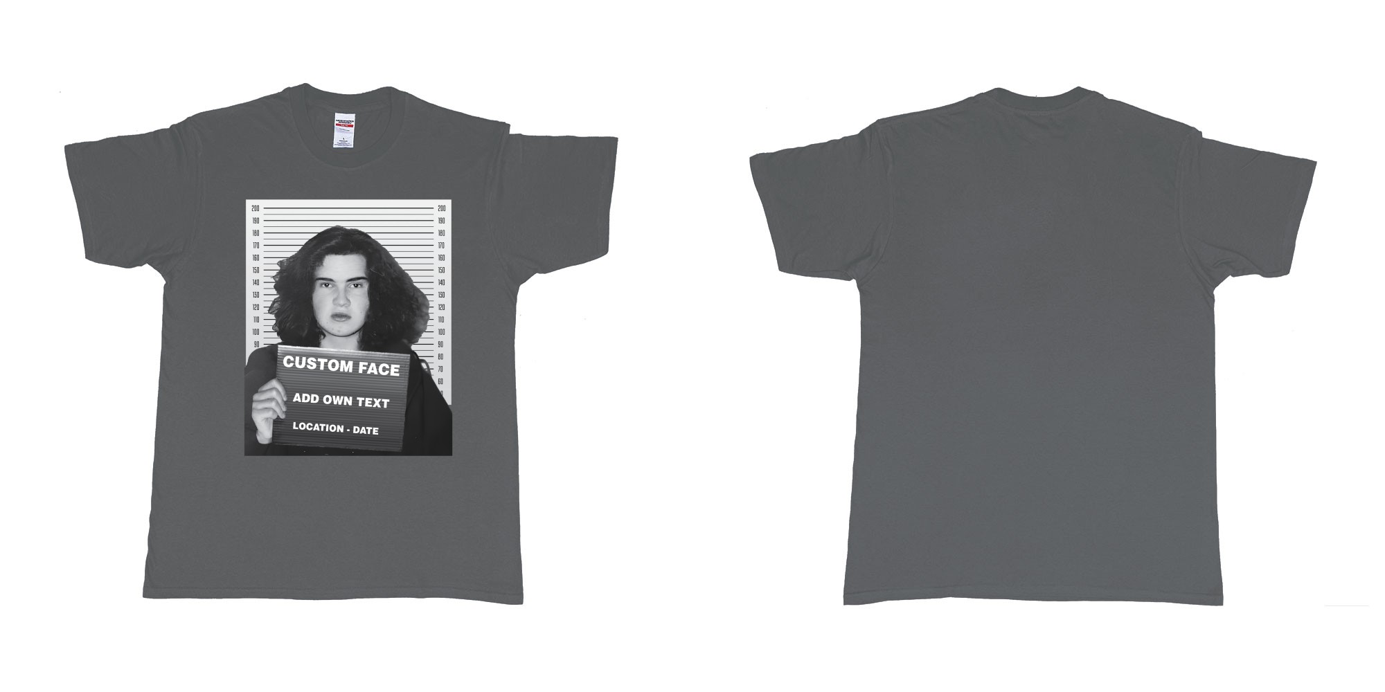 Custom tshirt design jimmy carr arrested bali mugshot in fabric color charcoal choice your own text made in Bali by The Pirate Way