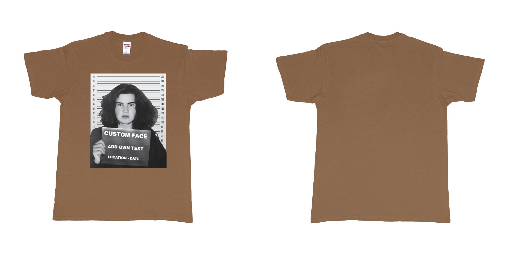 Custom tshirt design jimmy carr arrested bali mugshot in fabric color chestnut choice your own text made in Bali by The Pirate Way