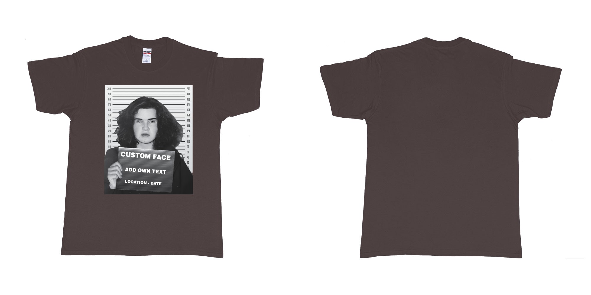 Custom tshirt design jimmy carr arrested bali mugshot in fabric color dark-chocolate choice your own text made in Bali by The Pirate Way