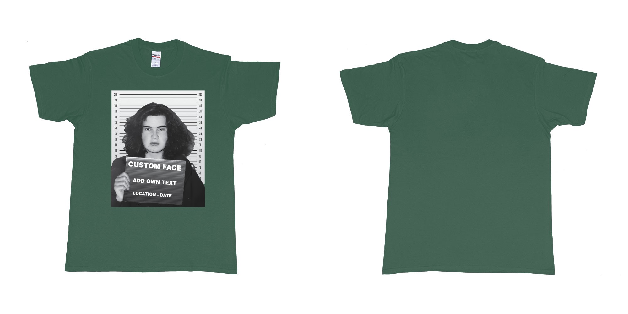 Custom tshirt design jimmy carr arrested bali mugshot in fabric color forest-green choice your own text made in Bali by The Pirate Way