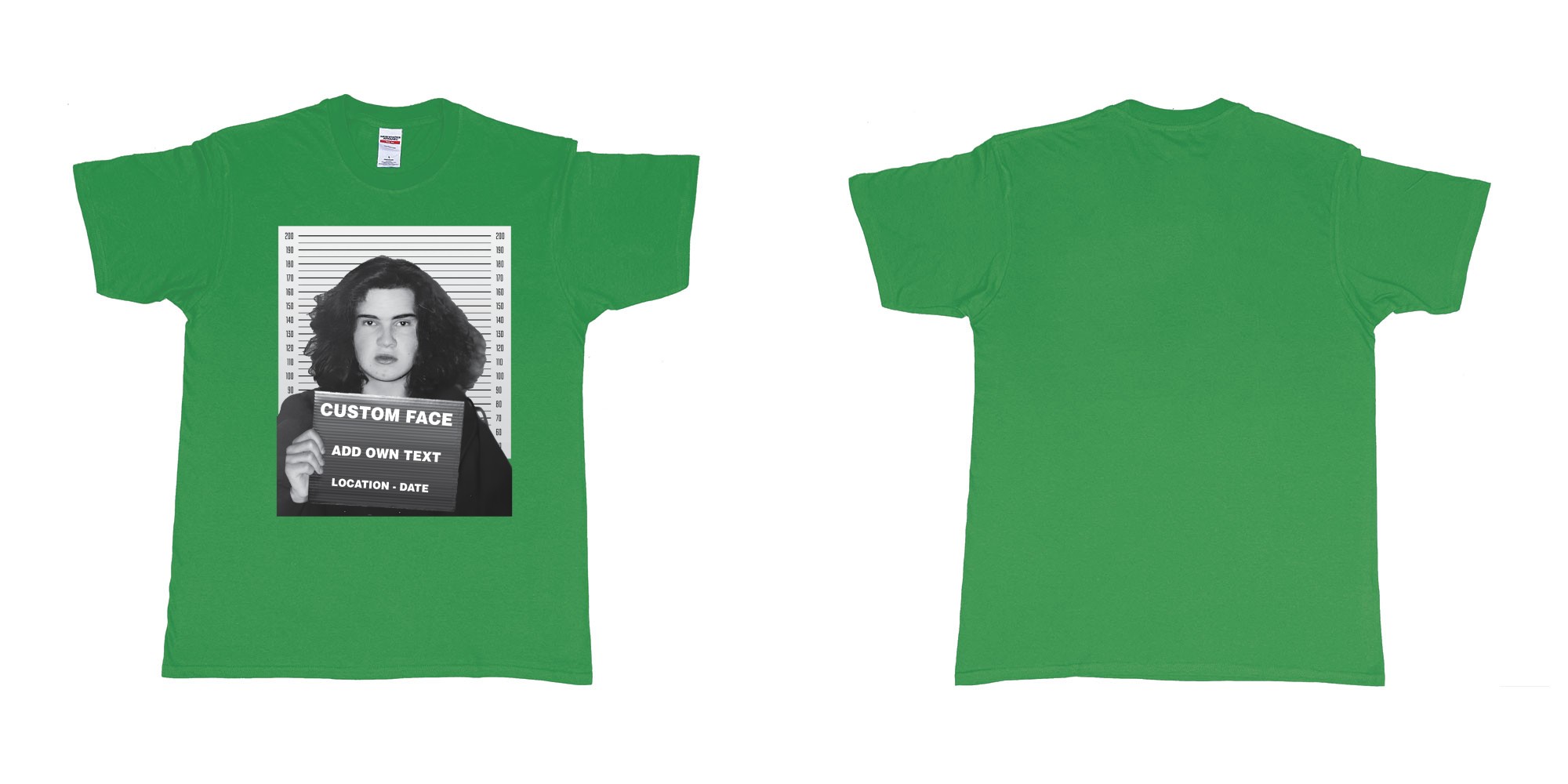 Custom tshirt design jimmy carr arrested bali mugshot in fabric color irish-green choice your own text made in Bali by The Pirate Way