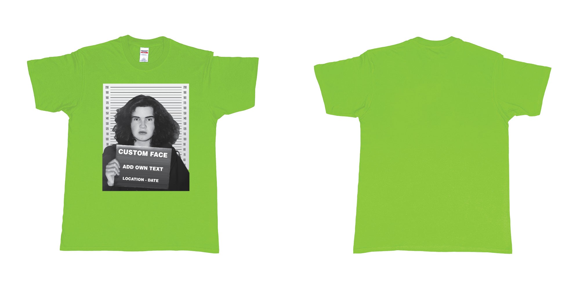 Custom tshirt design jimmy carr arrested bali mugshot in fabric color lime choice your own text made in Bali by The Pirate Way