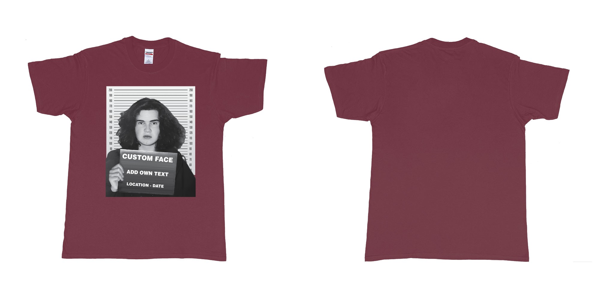 Custom tshirt design jimmy carr arrested bali mugshot in fabric color marron choice your own text made in Bali by The Pirate Way
