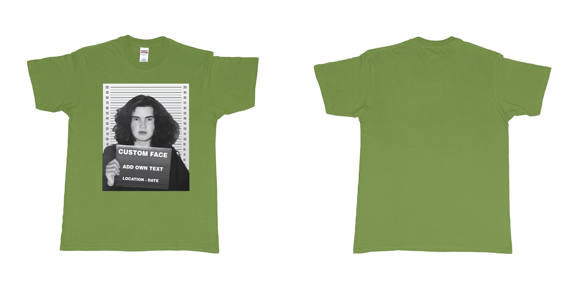 Custom tshirt design jimmy carr arrested bali mugshot in fabric color military-green choice your own text made in Bali by The Pirate Way