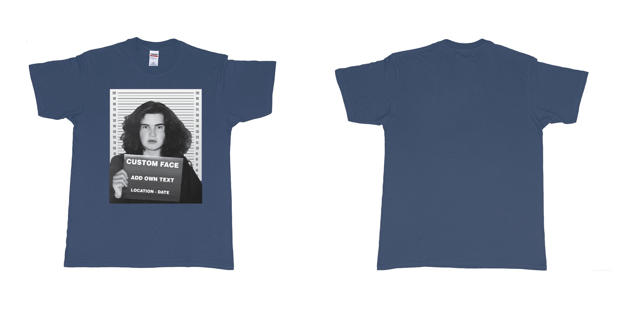 Custom tshirt design jimmy carr arrested bali mugshot in fabric color navy choice your own text made in Bali by The Pirate Way