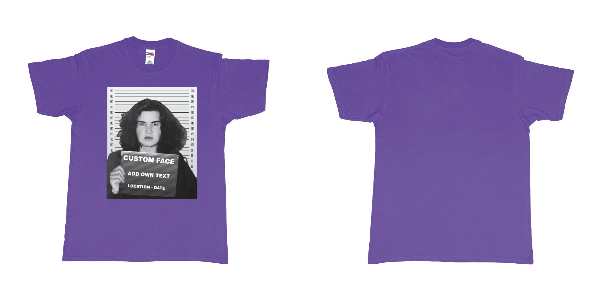 Custom tshirt design jimmy carr arrested bali mugshot in fabric color purple choice your own text made in Bali by The Pirate Way
