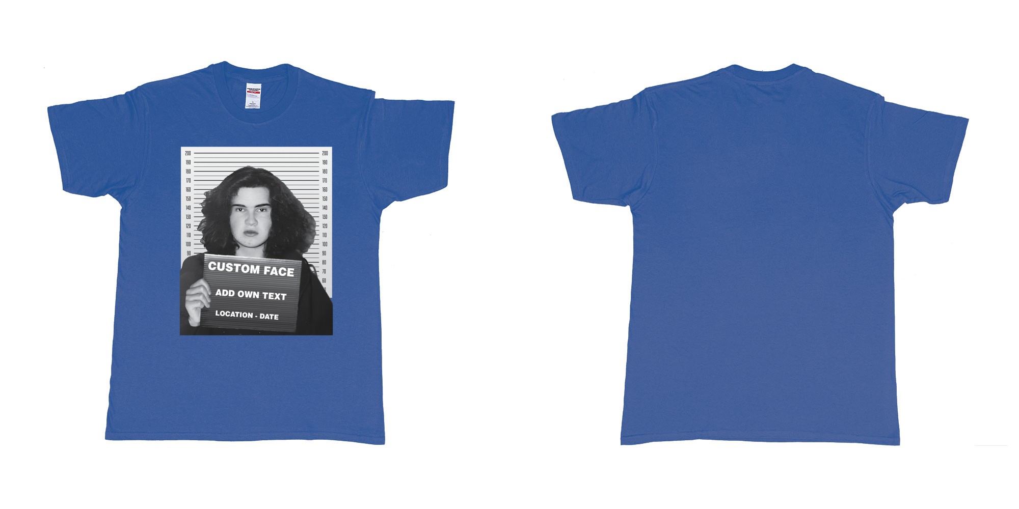 Custom tshirt design jimmy carr arrested bali mugshot in fabric color royal-blue choice your own text made in Bali by The Pirate Way