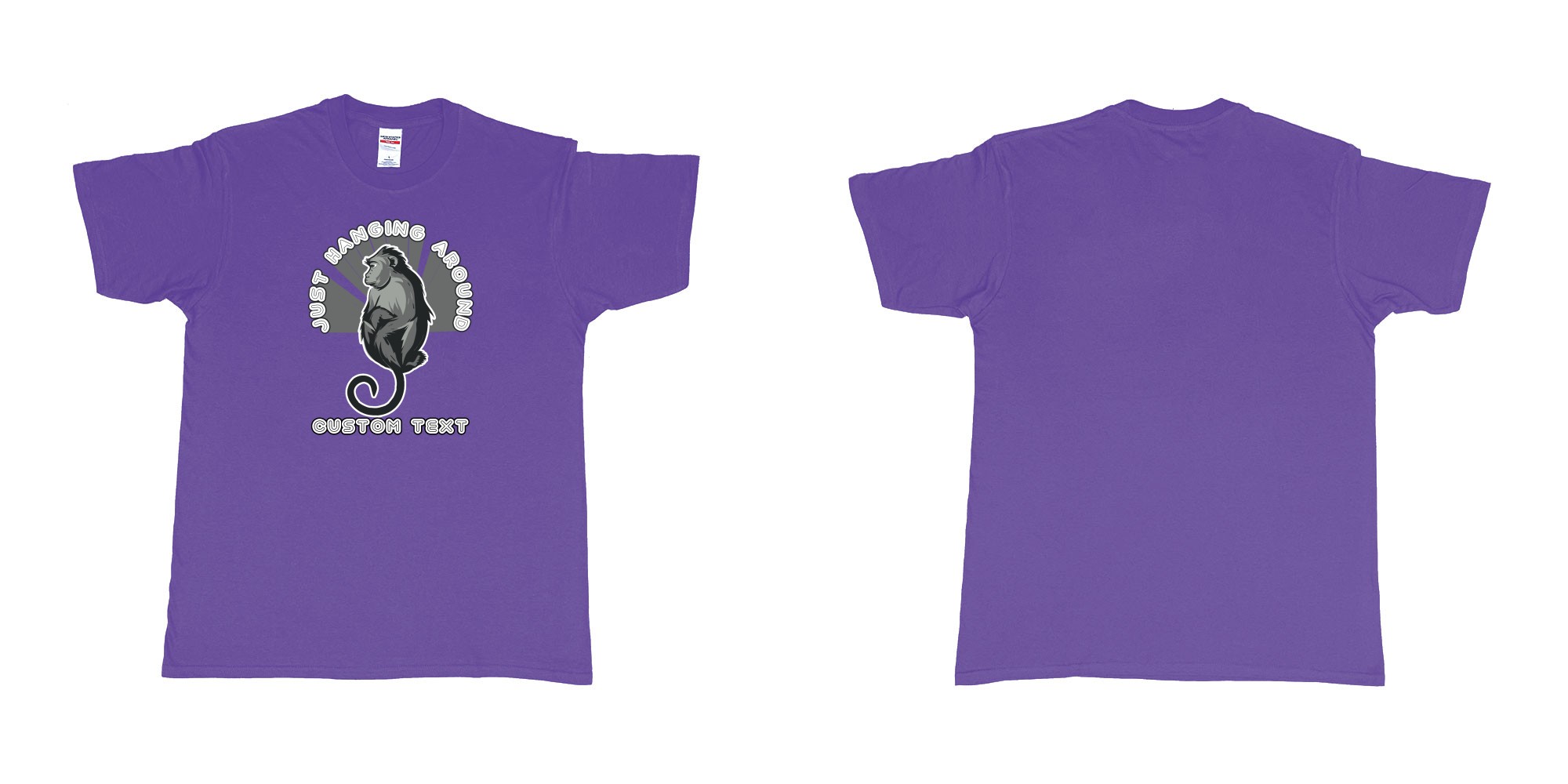 Custom tshirt design just hanging around monkey in fabric color purple choice your own text made in Bali by The Pirate Way