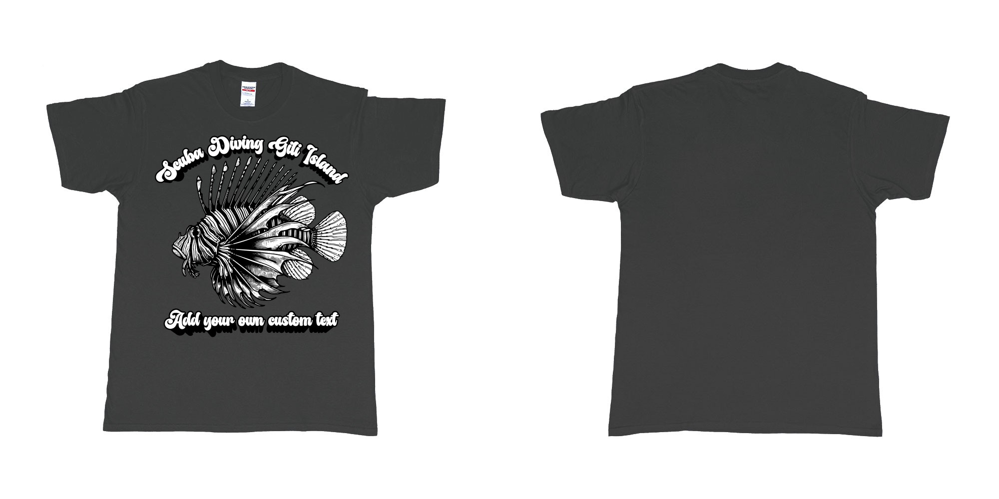 Custom tshirt design lion fish scuba diving gili islands custom print in fabric color black choice your own text made in Bali by The Pirate Way
