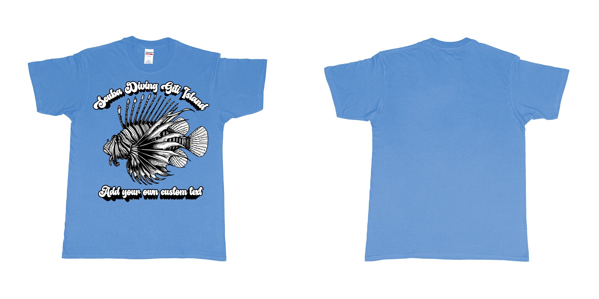 Custom tshirt design lion fish scuba diving gili islands custom print in fabric color carolina-blue choice your own text made in Bali by The Pirate Way