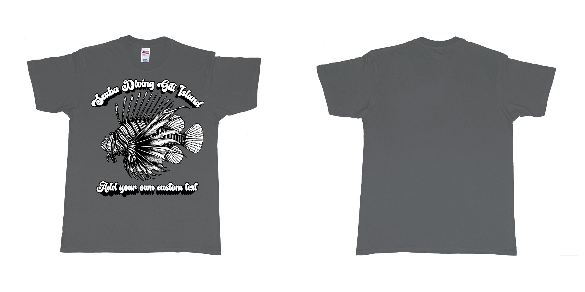 Custom tshirt design lion fish scuba diving gili islands custom print in fabric color charcoal choice your own text made in Bali by The Pirate Way