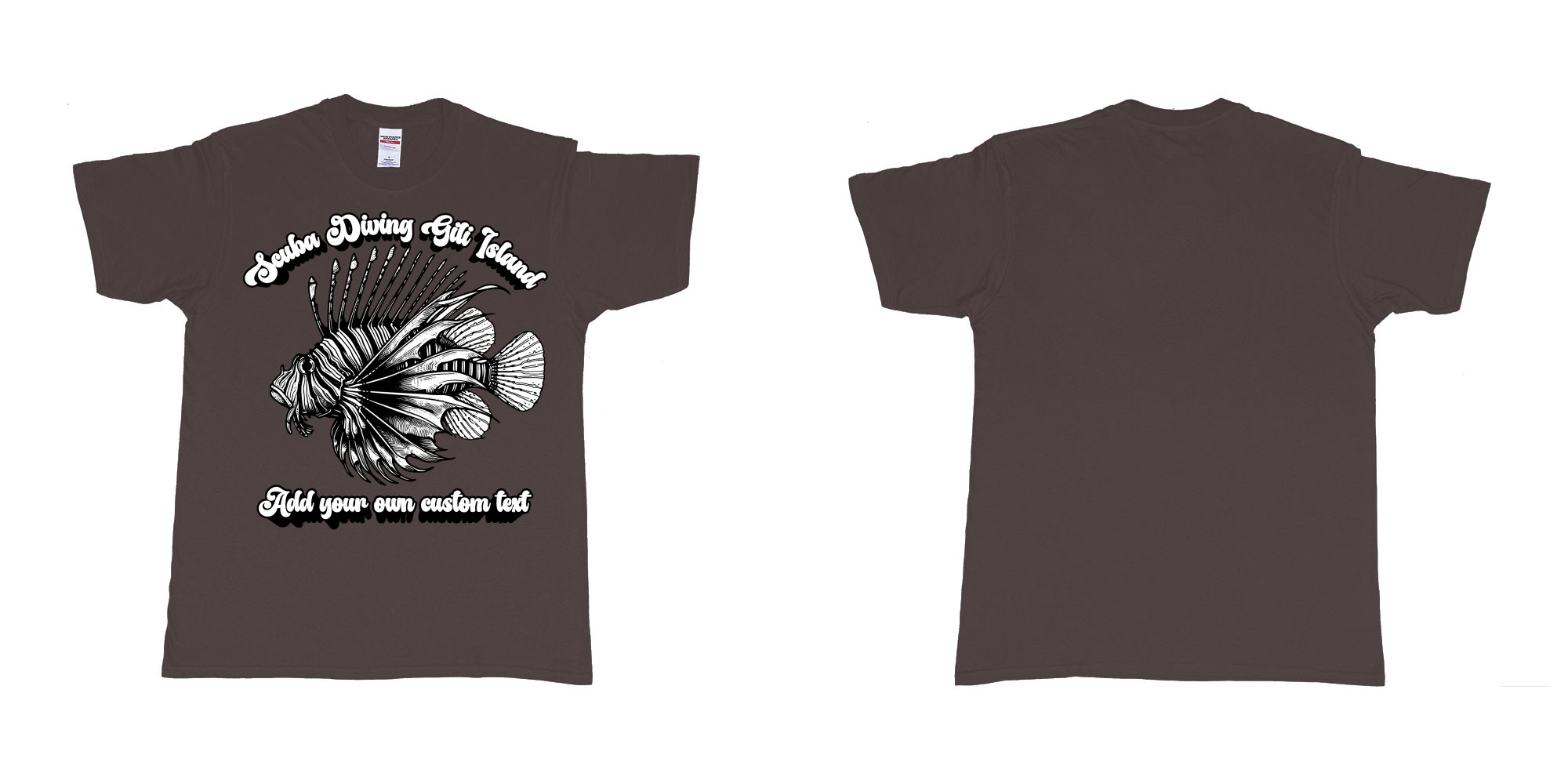 Custom tshirt design lion fish scuba diving gili islands custom print in fabric color dark-chocolate choice your own text made in Bali by The Pirate Way