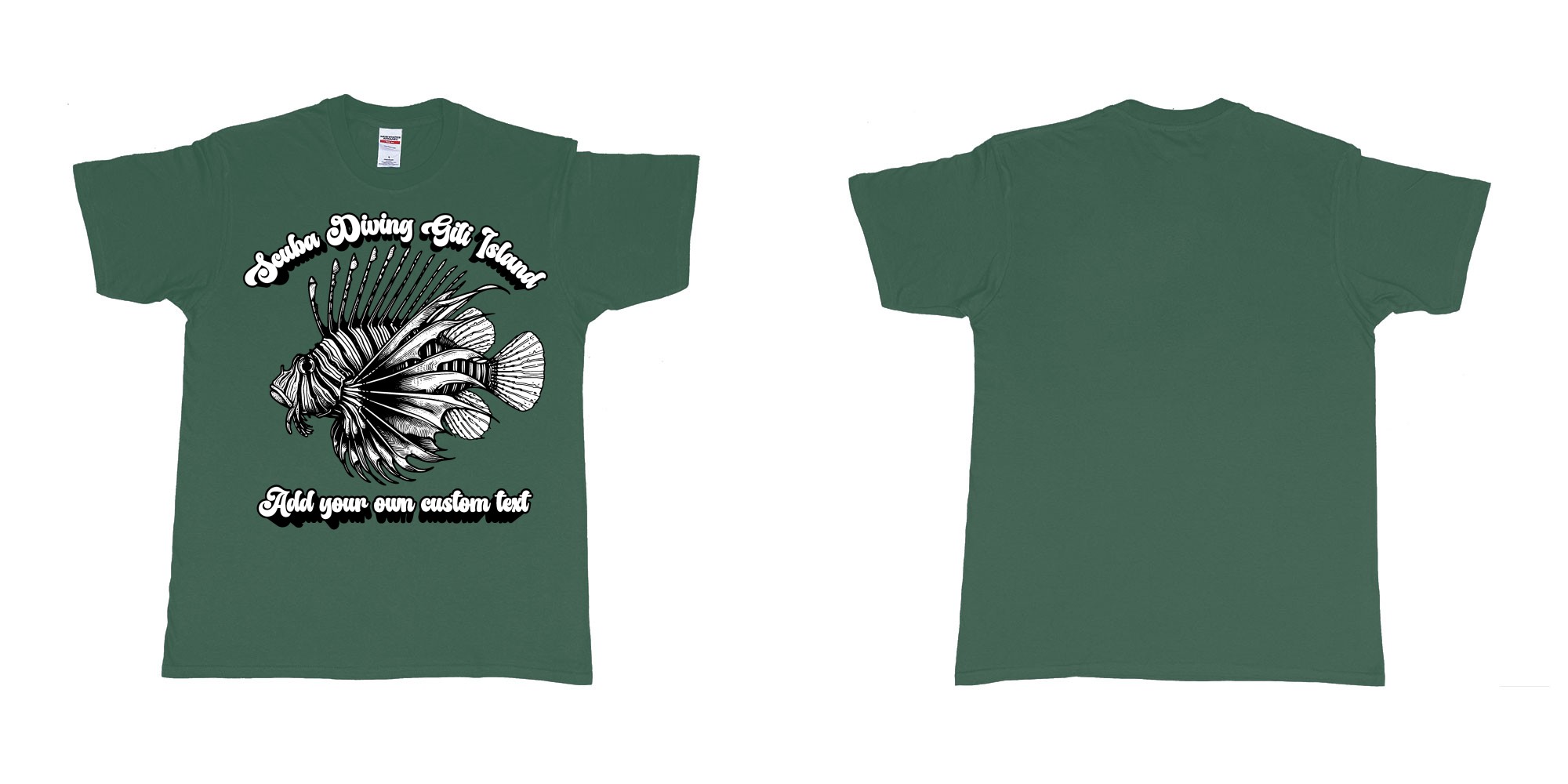 Custom tshirt design lion fish scuba diving gili islands custom print in fabric color forest-green choice your own text made in Bali by The Pirate Way