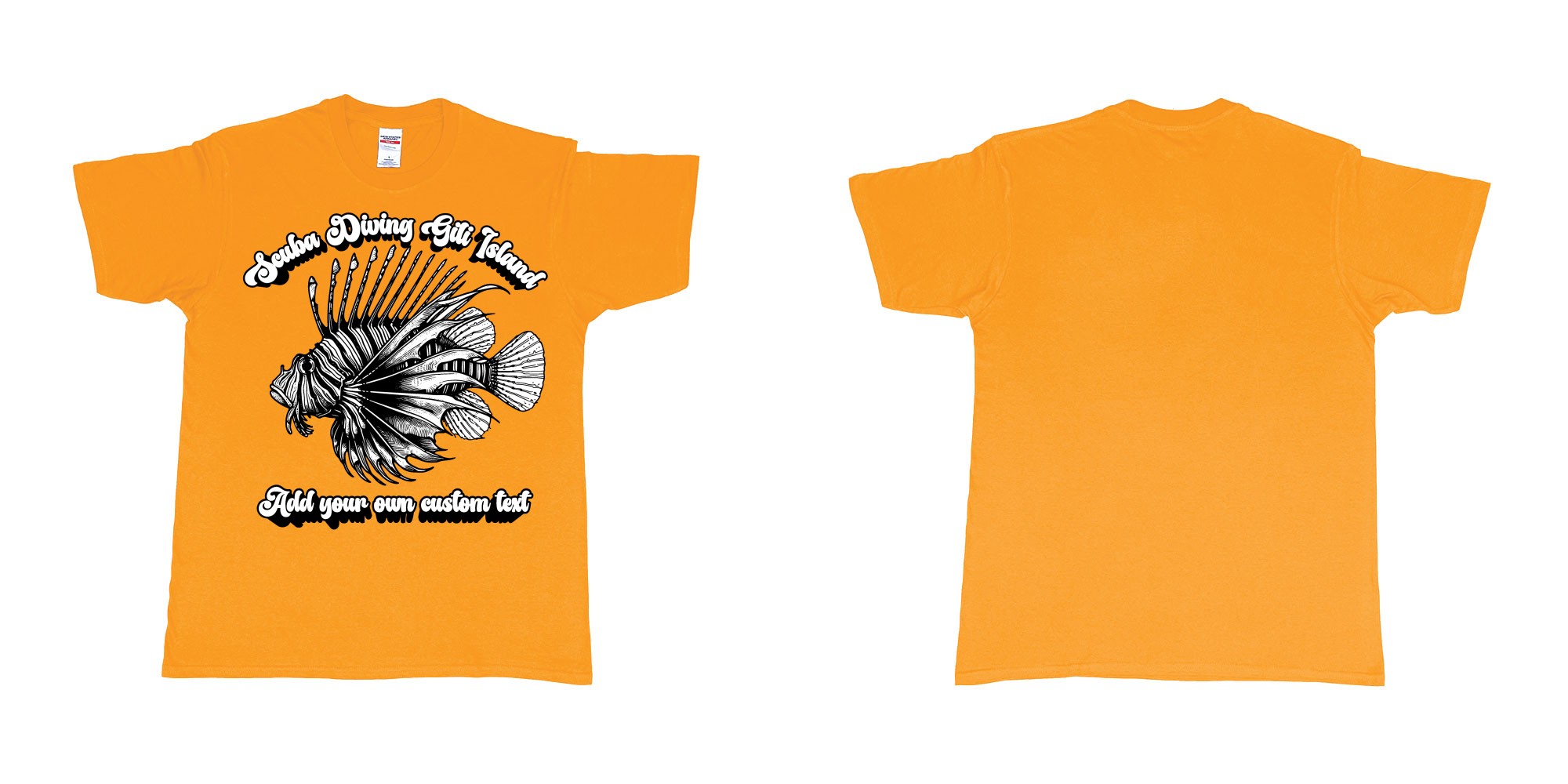 Custom tshirt design lion fish scuba diving gili islands custom print in fabric color gold choice your own text made in Bali by The Pirate Way