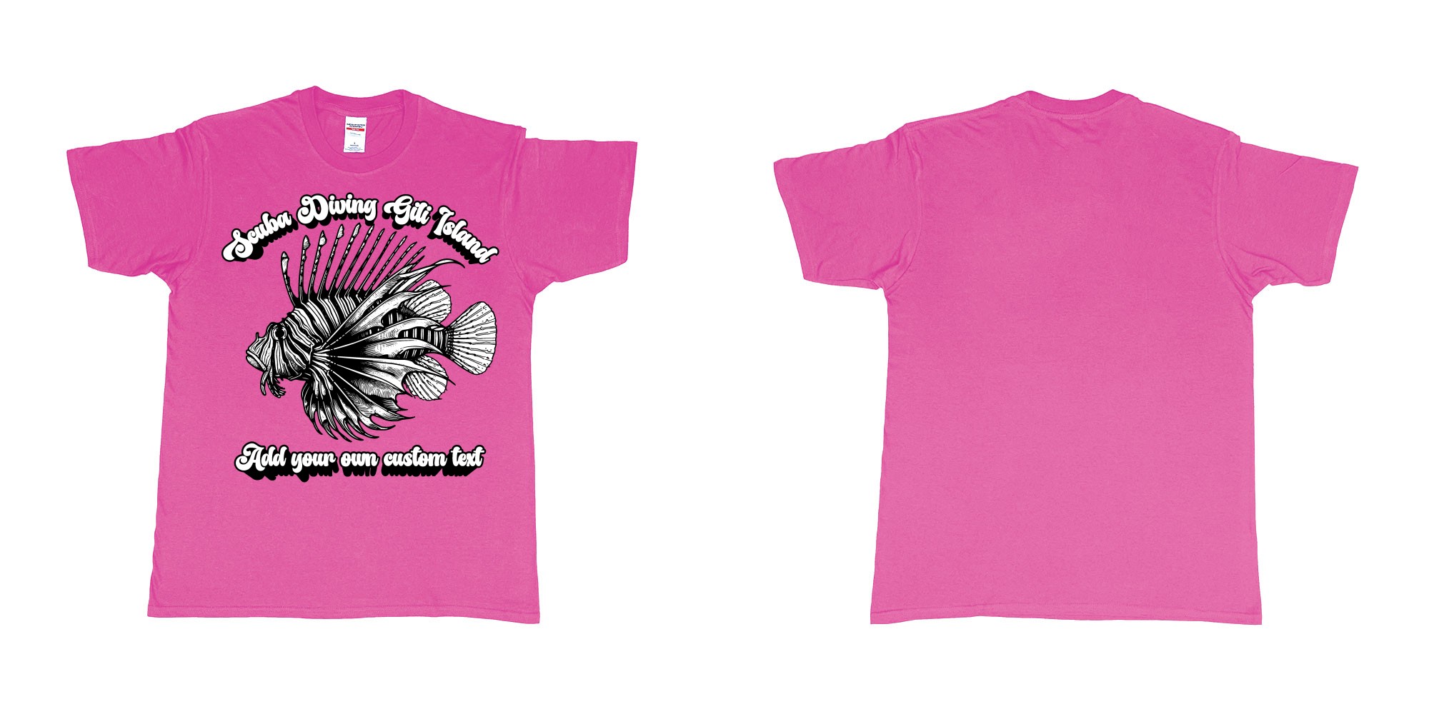 Custom tshirt design lion fish scuba diving gili islands custom print in fabric color heliconia choice your own text made in Bali by The Pirate Way