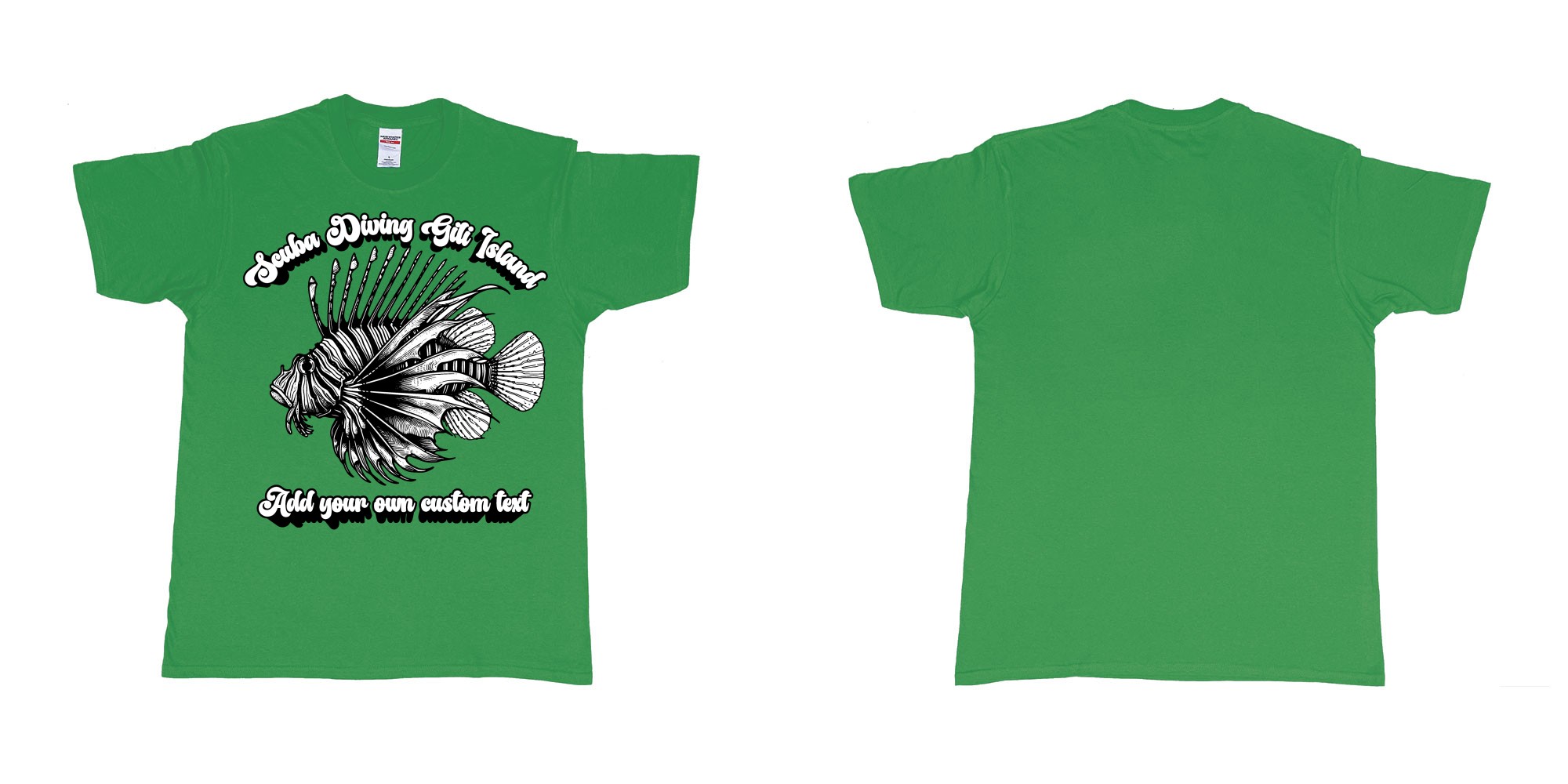 Custom tshirt design lion fish scuba diving gili islands custom print in fabric color irish-green choice your own text made in Bali by The Pirate Way