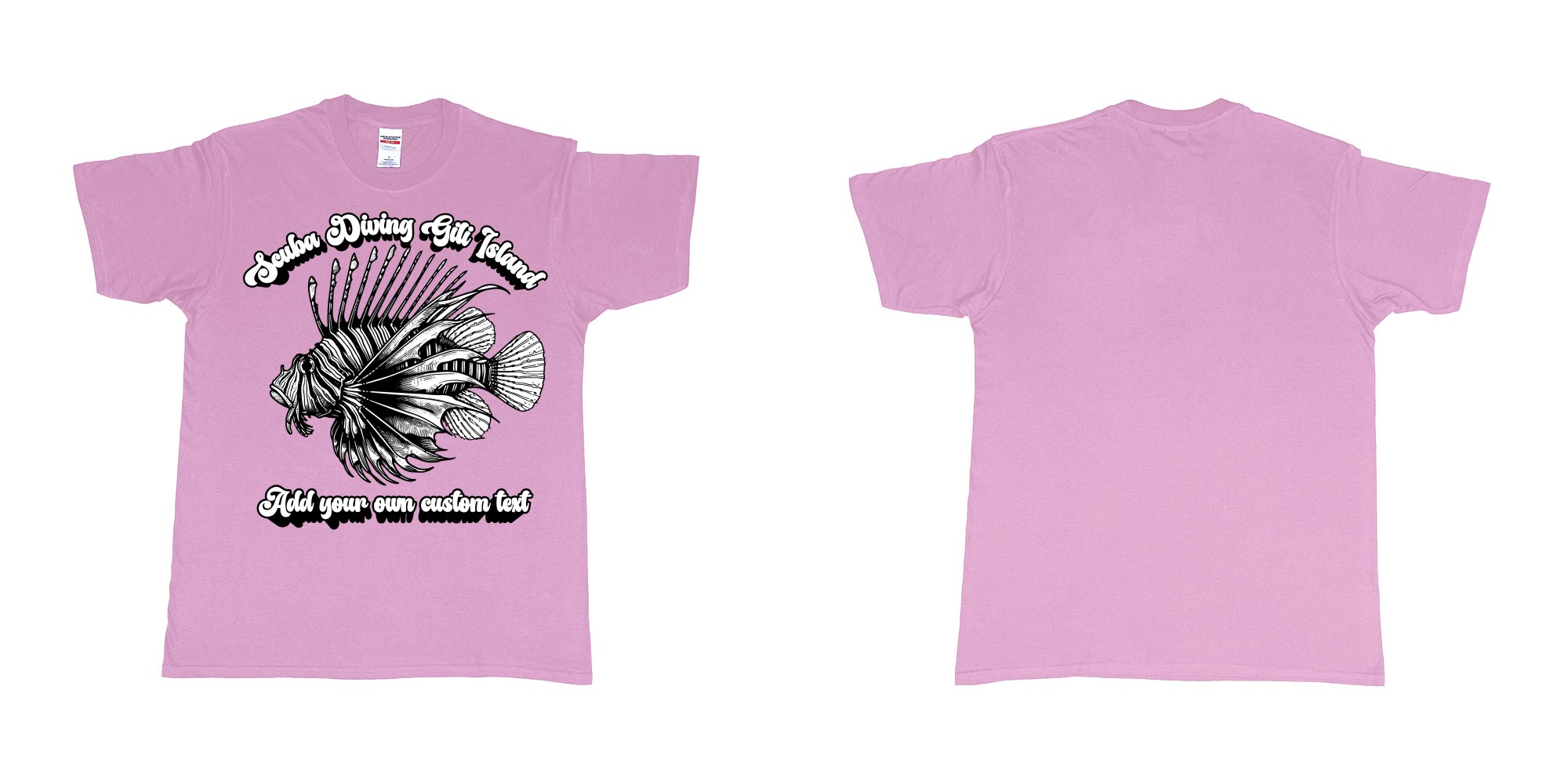 Custom tshirt design lion fish scuba diving gili islands custom print in fabric color light-pink choice your own text made in Bali by The Pirate Way