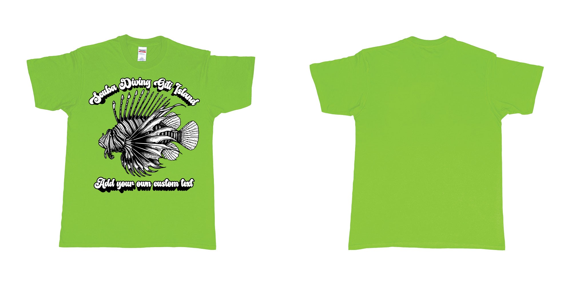 Custom tshirt design lion fish scuba diving gili islands custom print in fabric color lime choice your own text made in Bali by The Pirate Way