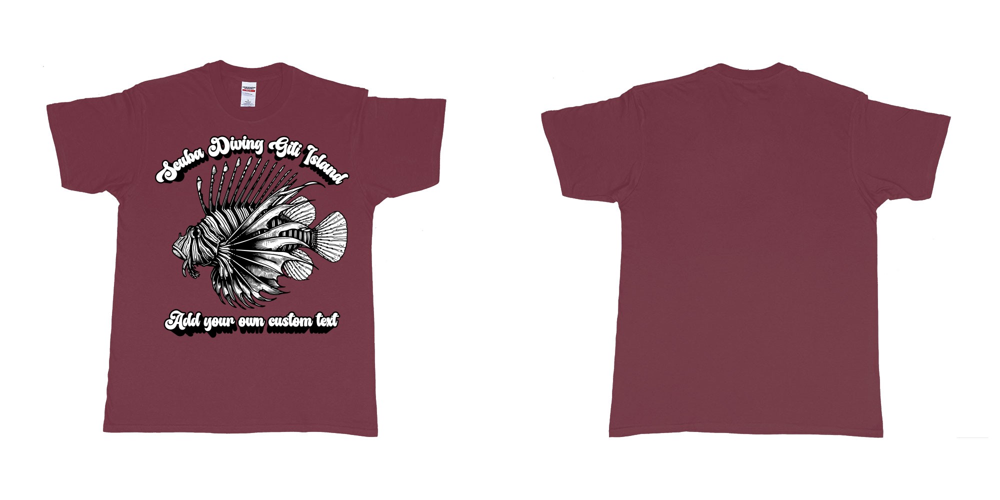 Custom tshirt design lion fish scuba diving gili islands custom print in fabric color marron choice your own text made in Bali by The Pirate Way