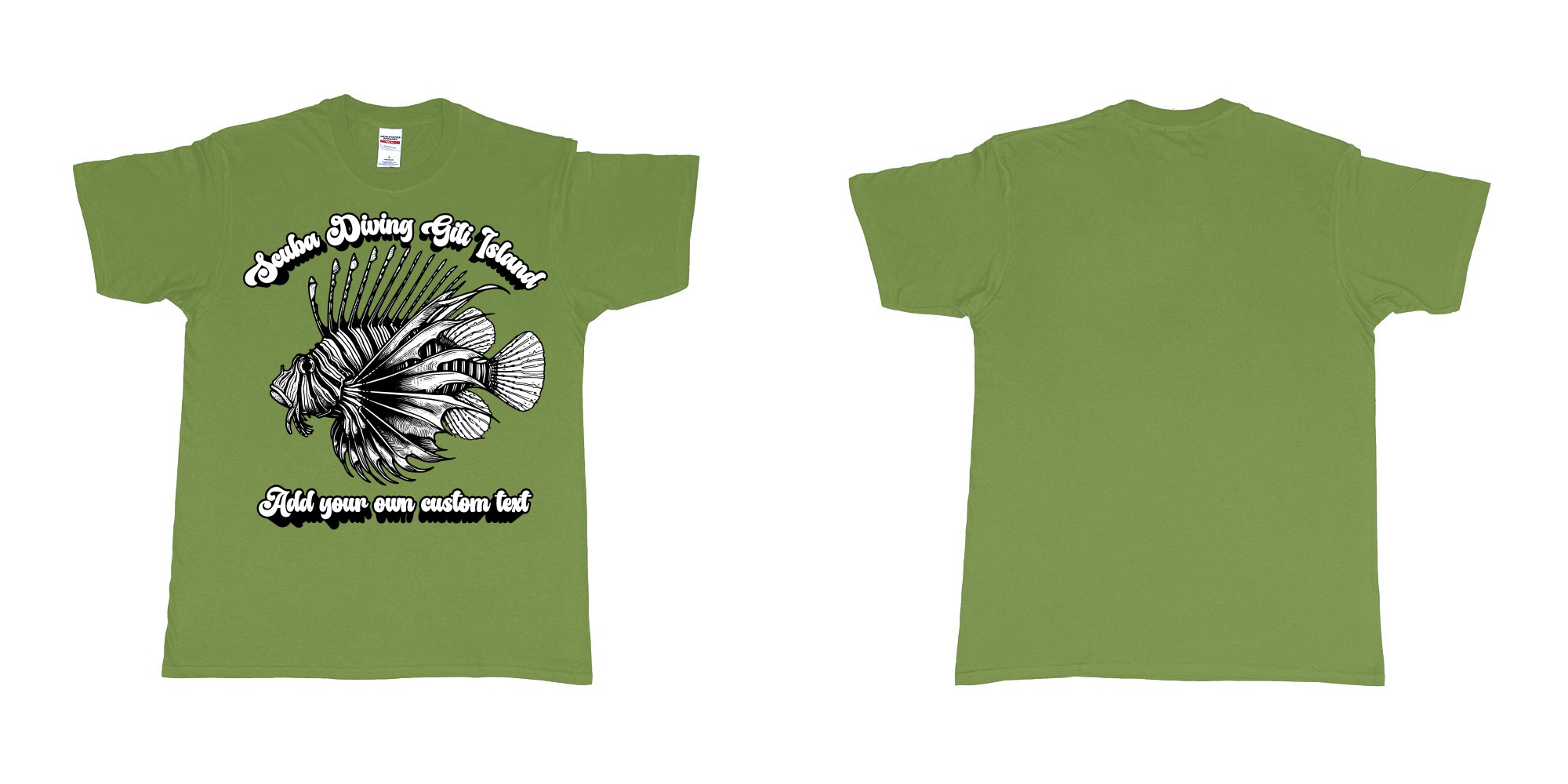 Custom tshirt design lion fish scuba diving gili islands custom print in fabric color military-green choice your own text made in Bali by The Pirate Way