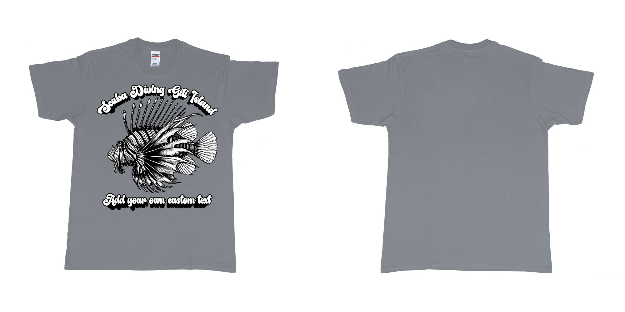 Custom tshirt design lion fish scuba diving gili islands custom print in fabric color misty choice your own text made in Bali by The Pirate Way