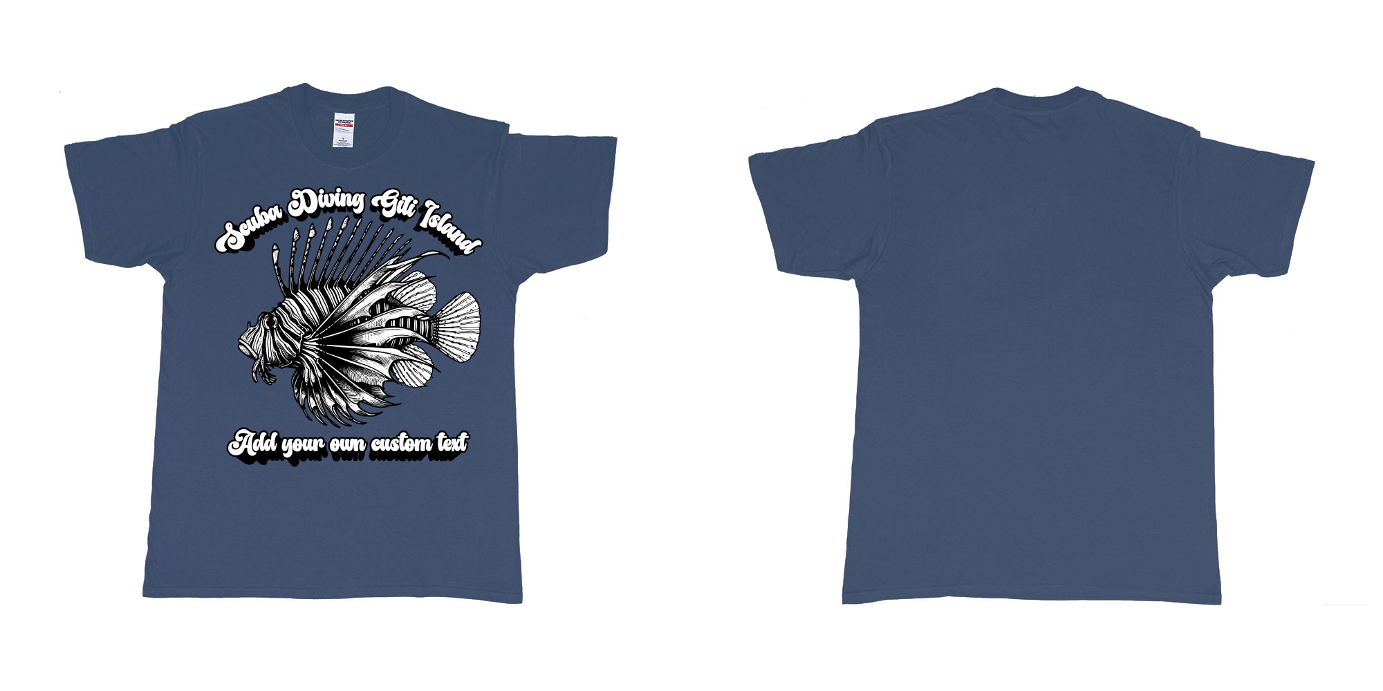 Custom tshirt design lion fish scuba diving gili islands custom print in fabric color navy choice your own text made in Bali by The Pirate Way