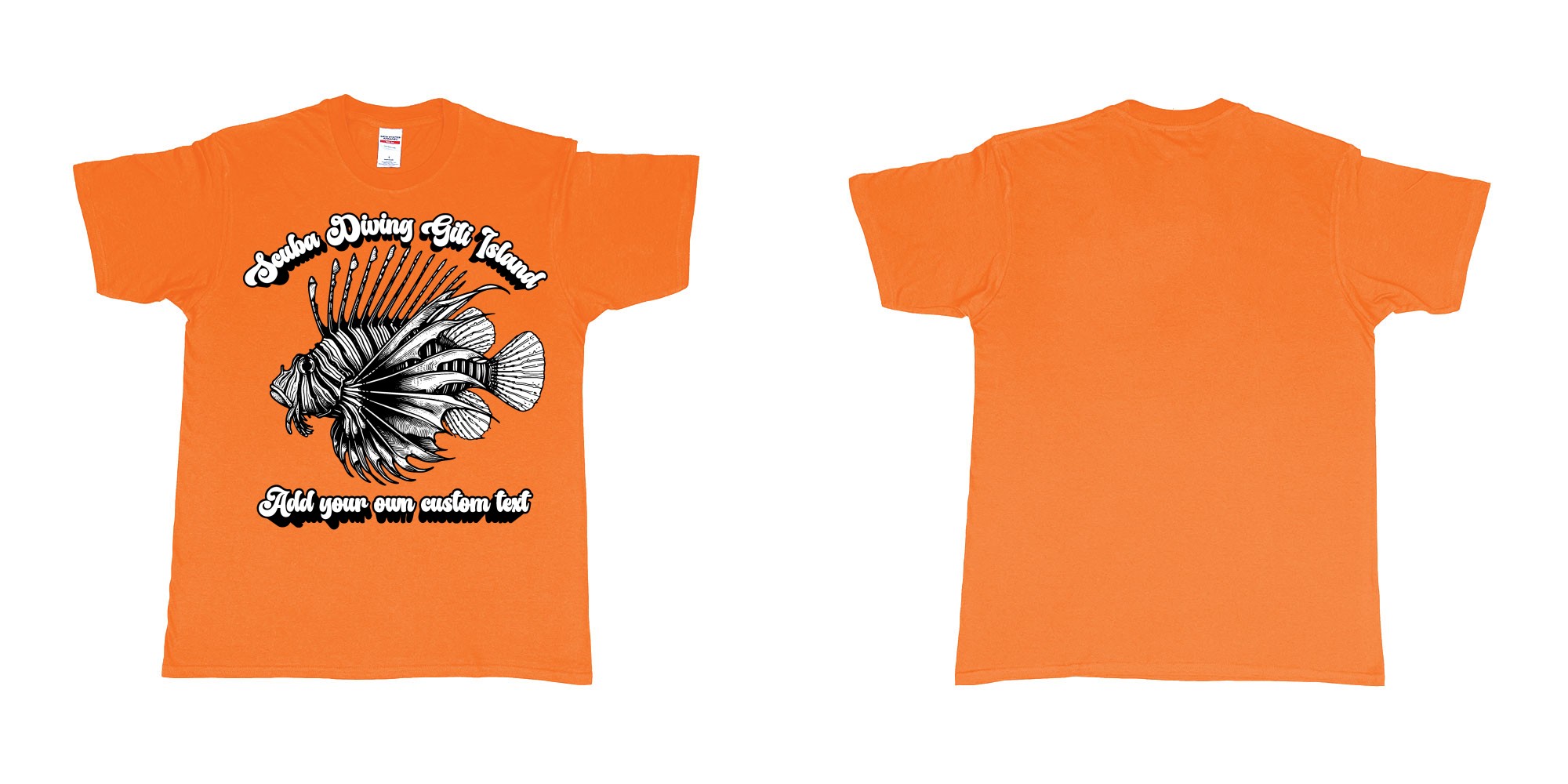 Custom tshirt design lion fish scuba diving gili islands custom print in fabric color orange choice your own text made in Bali by The Pirate Way
