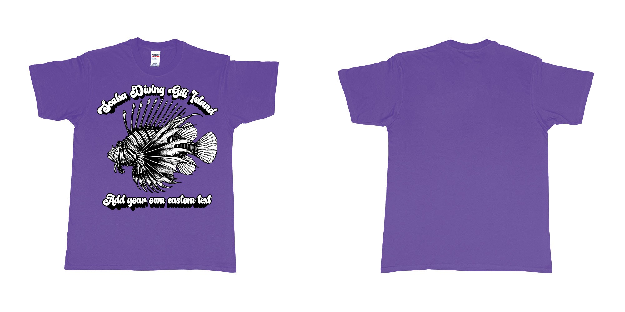 Custom tshirt design lion fish scuba diving gili islands custom print in fabric color purple choice your own text made in Bali by The Pirate Way