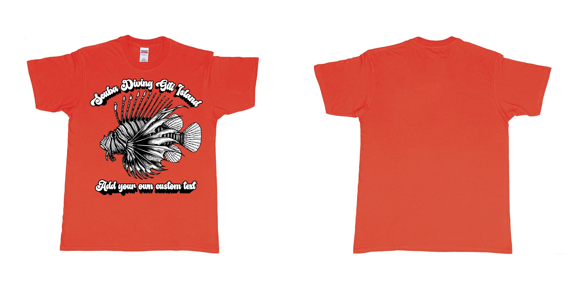 Custom tshirt design lion fish scuba diving gili islands custom print in fabric color red choice your own text made in Bali by The Pirate Way
