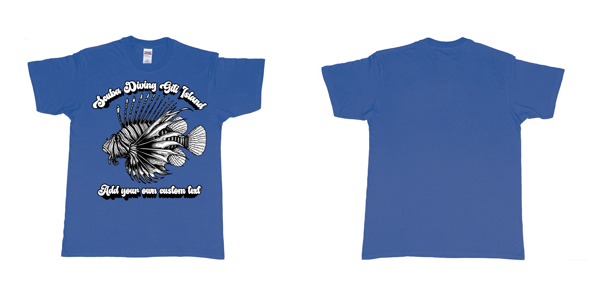 Custom tshirt design lion fish scuba diving gili islands custom print in fabric color royal-blue choice your own text made in Bali by The Pirate Way