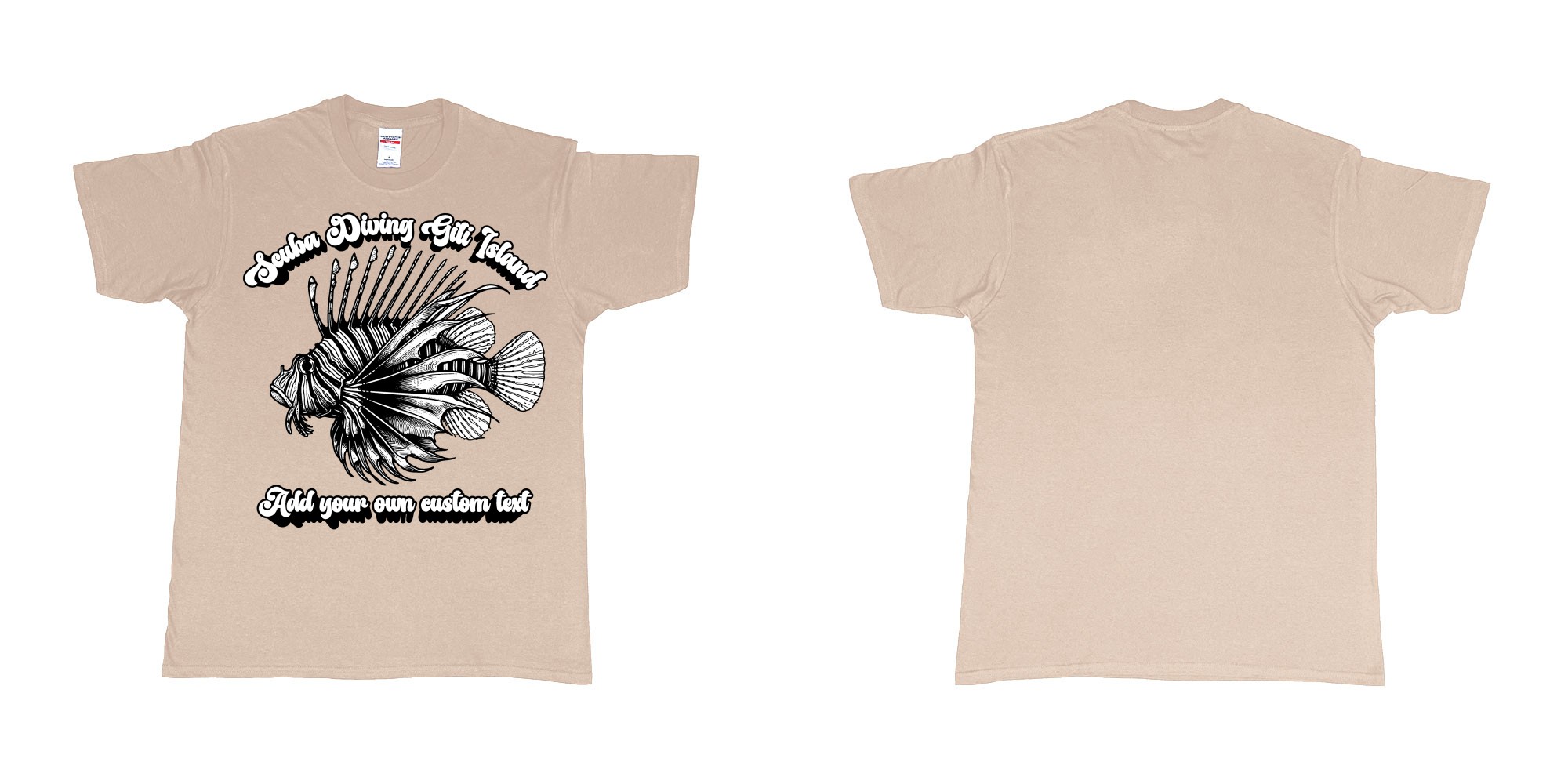 Custom tshirt design lion fish scuba diving gili islands custom print in fabric color sand choice your own text made in Bali by The Pirate Way