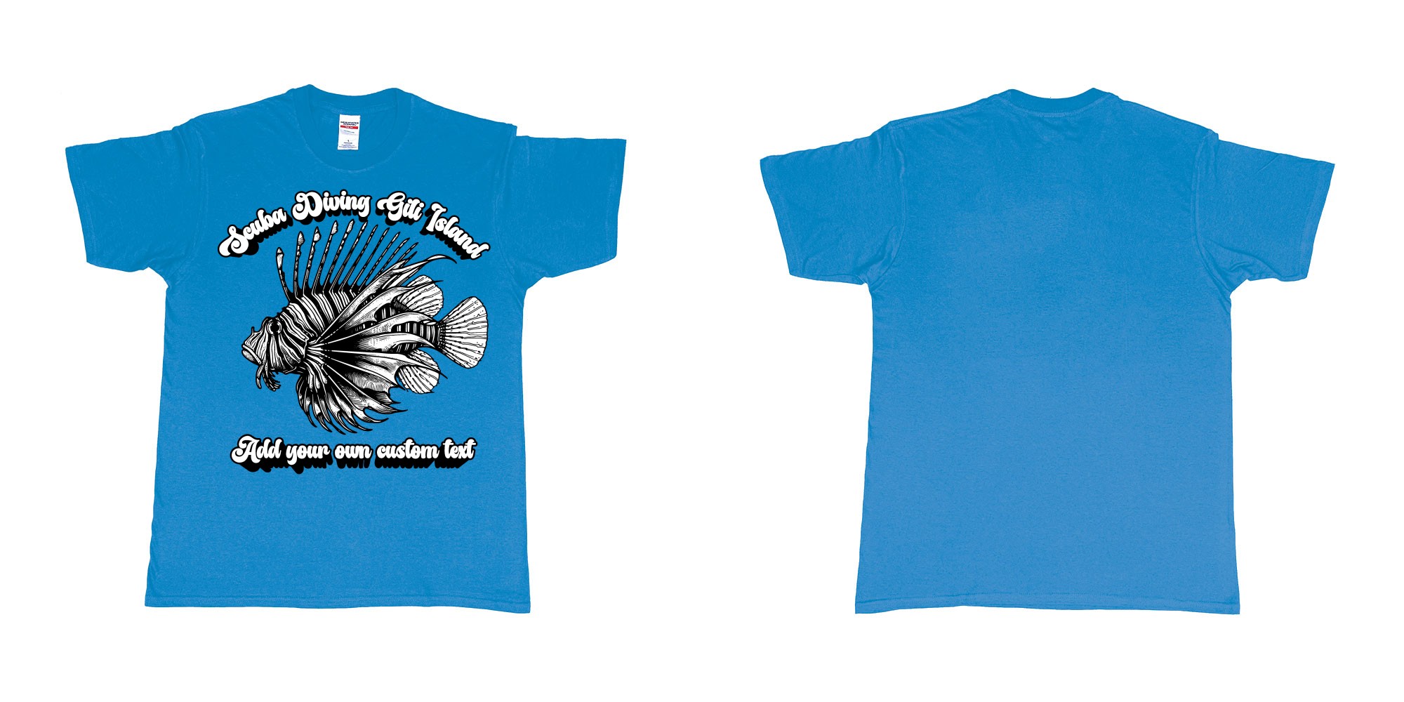 Custom tshirt design lion fish scuba diving gili islands custom print in fabric color sapphire choice your own text made in Bali by The Pirate Way