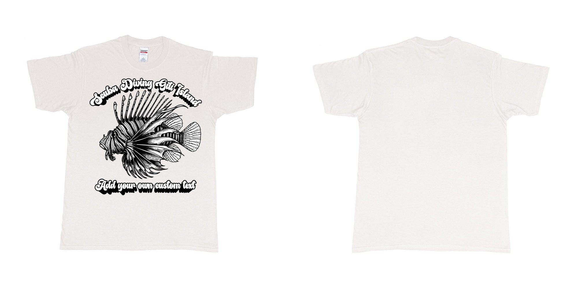 Custom tshirt design lion fish scuba diving gili islands custom print in fabric color white choice your own text made in Bali by The Pirate Way