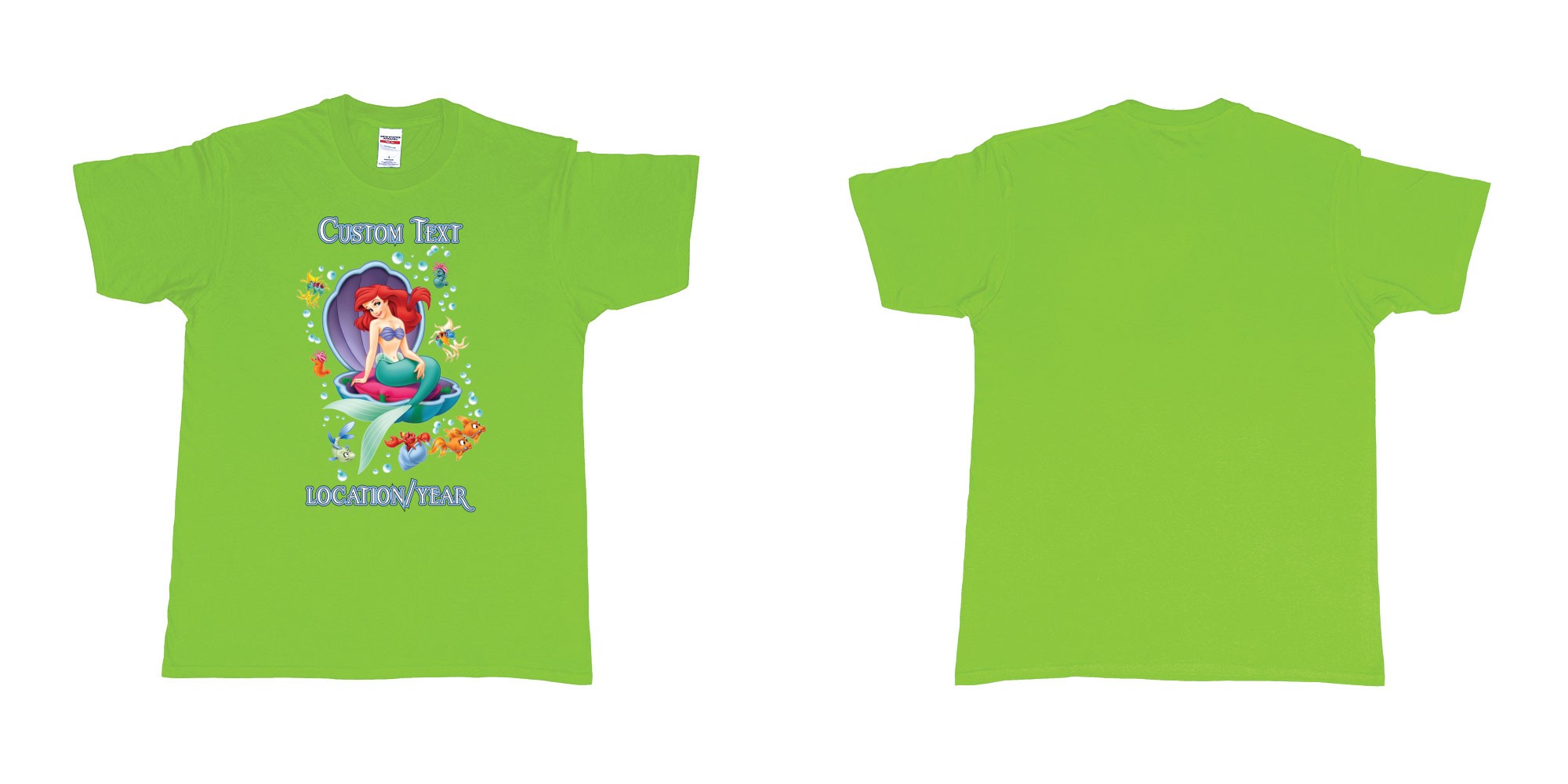 Custom tshirt design little mermaid shell birthday in fabric color lime choice your own text made in Bali by The Pirate Way