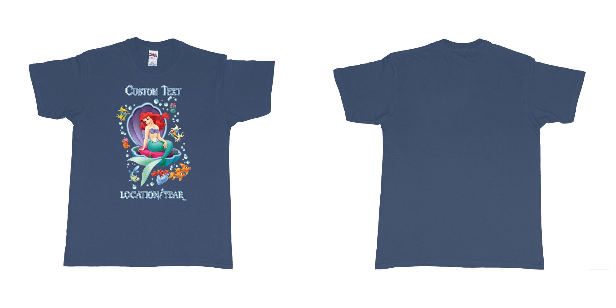Custom tshirt design little mermaid shell birthday in fabric color navy choice your own text made in Bali by The Pirate Way
