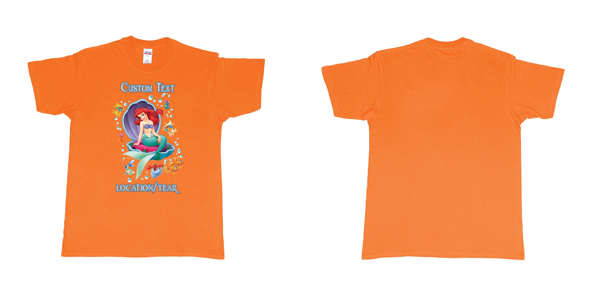 Custom tshirt design little mermaid shell birthday in fabric color orange choice your own text made in Bali by The Pirate Way