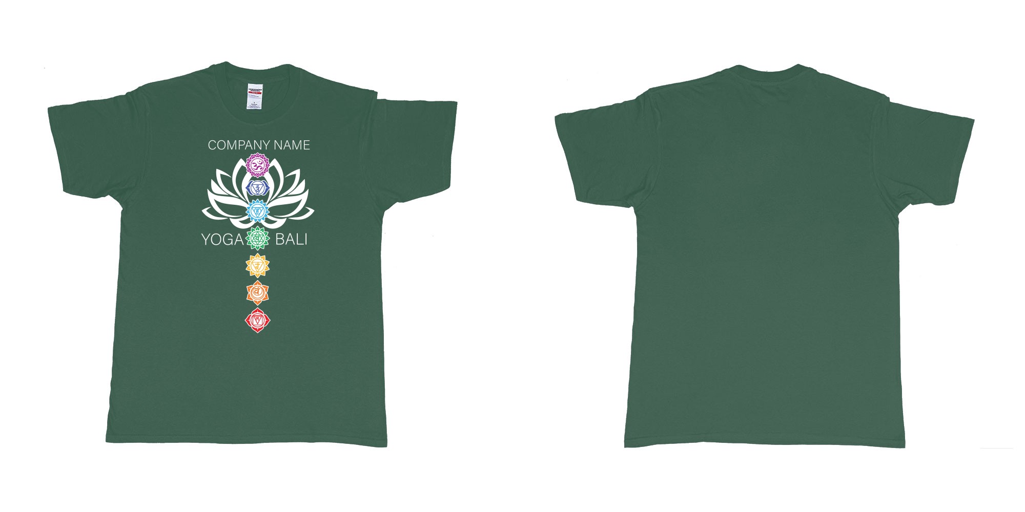 Custom tshirt design lotus flower chakras yoga hindi symbols for custom teeshirt printing in fabric color forest-green choice your own text made in Bali by The Pirate Way