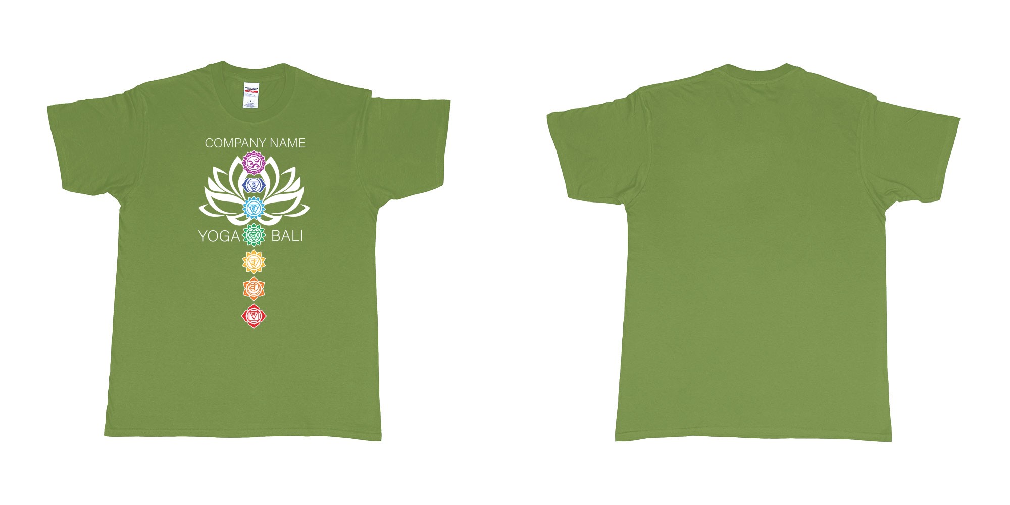 Custom tshirt design lotus flower chakras yoga hindi symbols for custom teeshirt printing in fabric color military-green choice your own text made in Bali by The Pirate Way
