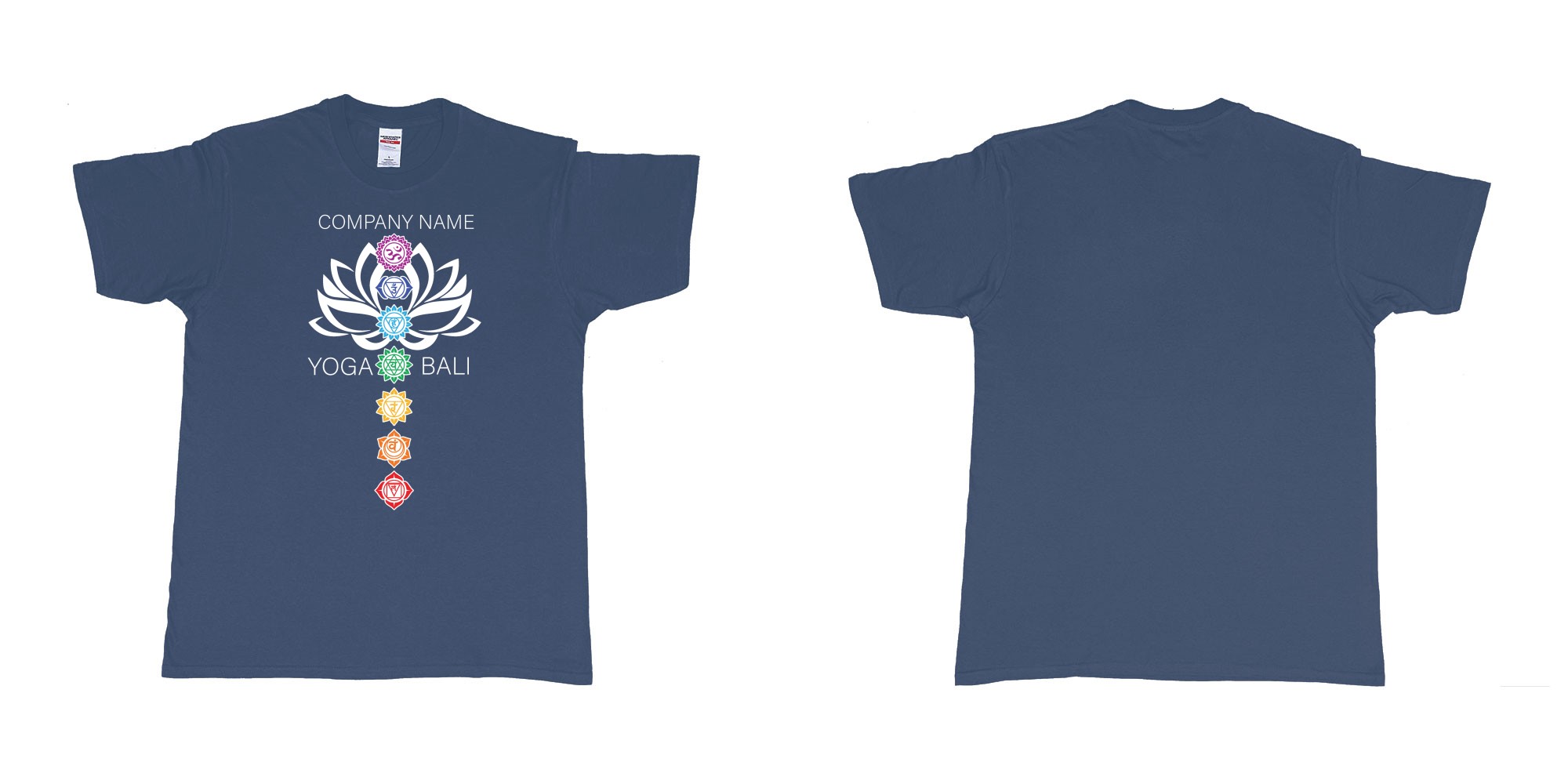 Custom tshirt design lotus flower chakras yoga hindi symbols for custom teeshirt printing in fabric color navy choice your own text made in Bali by The Pirate Way