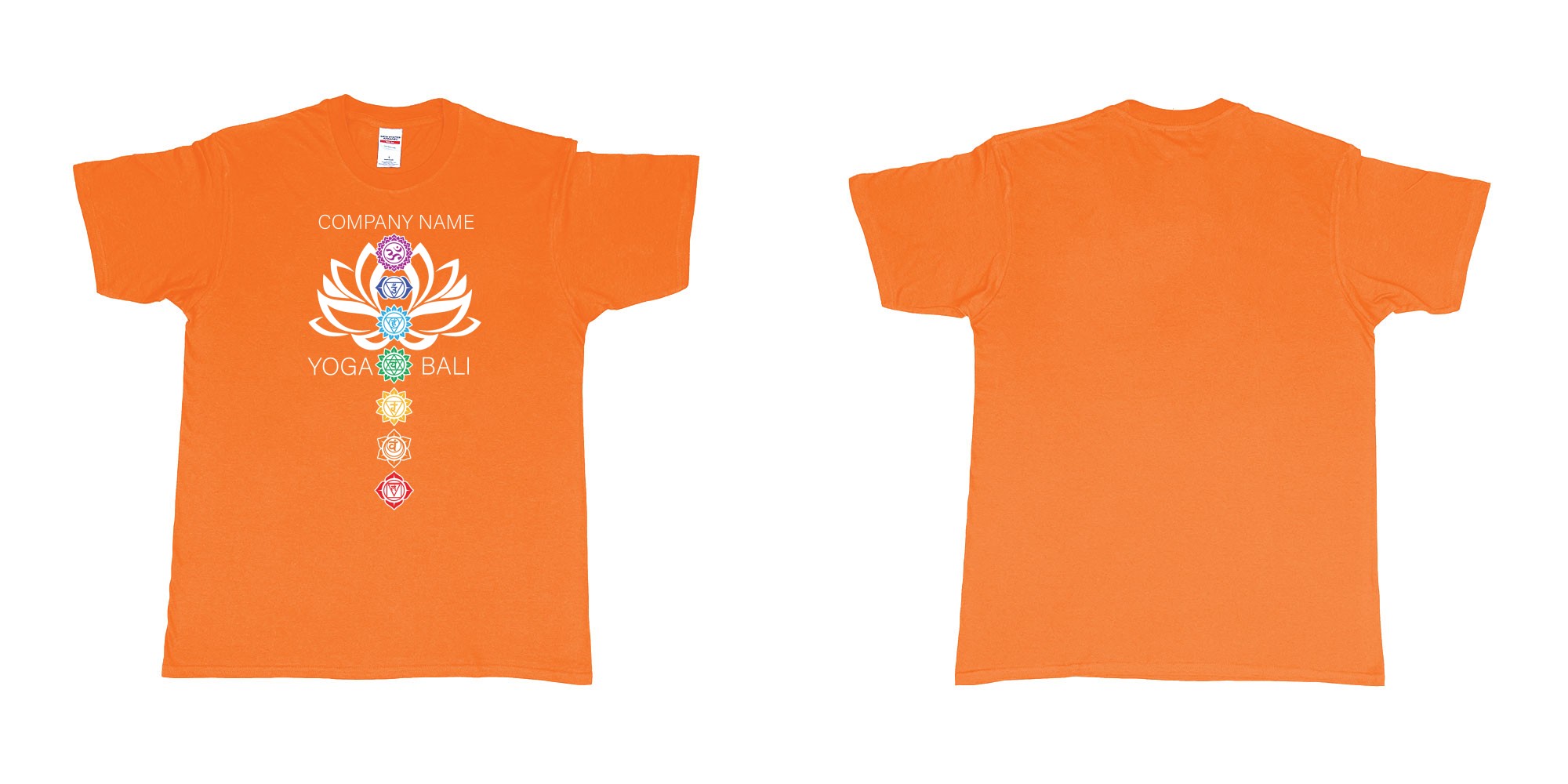 Custom tshirt design lotus flower chakras yoga hindi symbols for custom teeshirt printing in fabric color orange choice your own text made in Bali by The Pirate Way