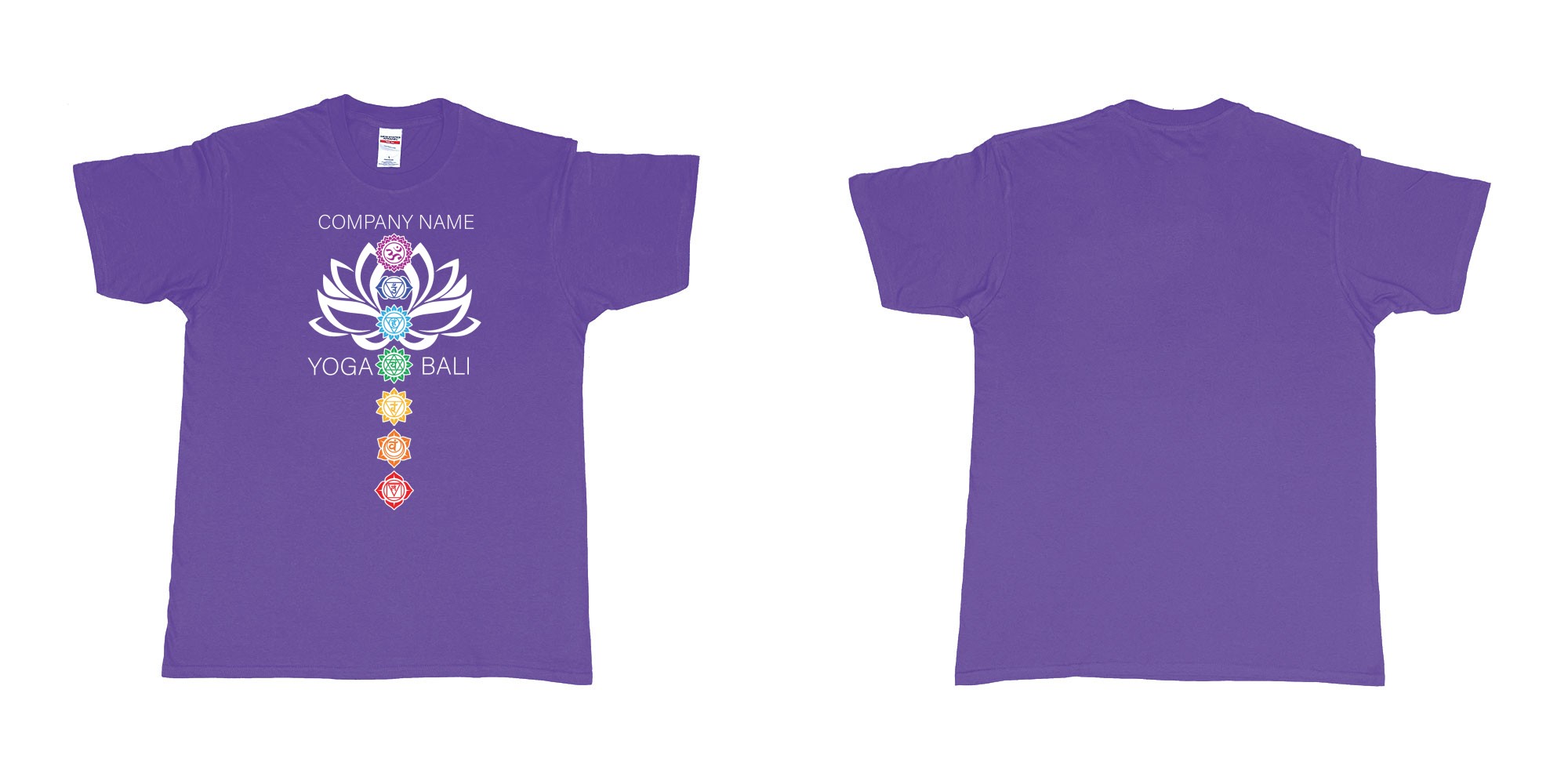 Custom tshirt design lotus flower chakras yoga hindi symbols for custom teeshirt printing in fabric color purple choice your own text made in Bali by The Pirate Way