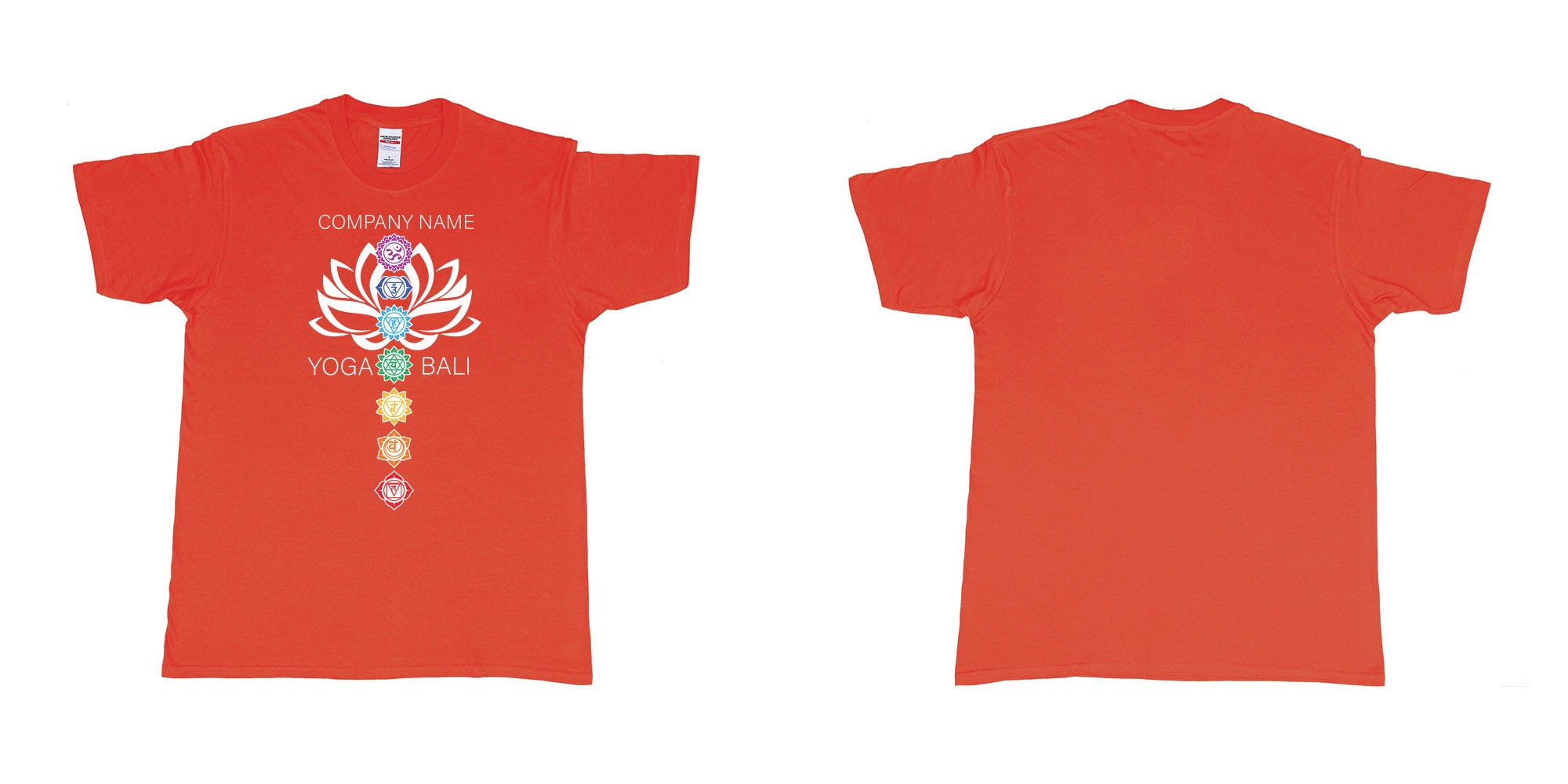 Custom tshirt design lotus flower chakras yoga hindi symbols for custom teeshirt printing in fabric color red choice your own text made in Bali by The Pirate Way