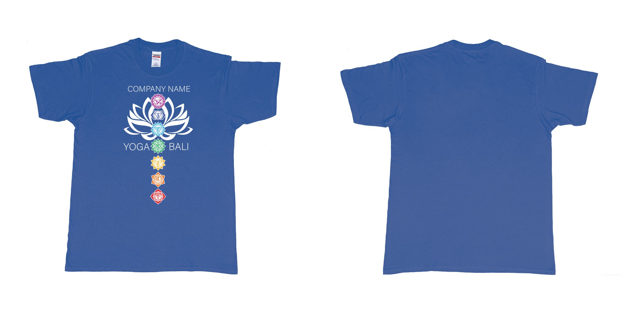 Custom tshirt design lotus flower chakras yoga hindi symbols for custom teeshirt printing in fabric color royal-blue choice your own text made in Bali by The Pirate Way
