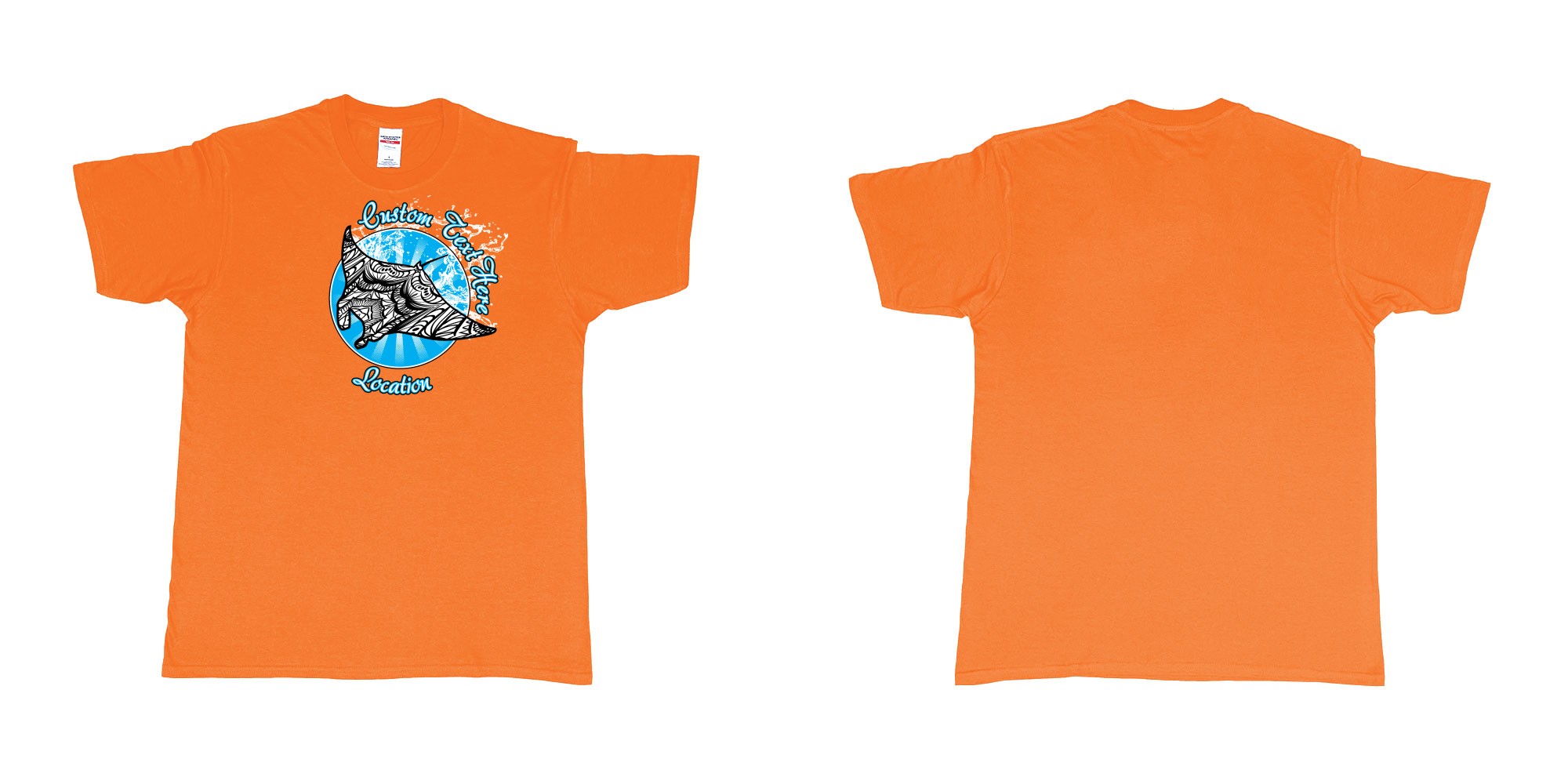 Custom tshirt design manta mandala circle splash own text here location in fabric color orange choice your own text made in Bali by The Pirate Way